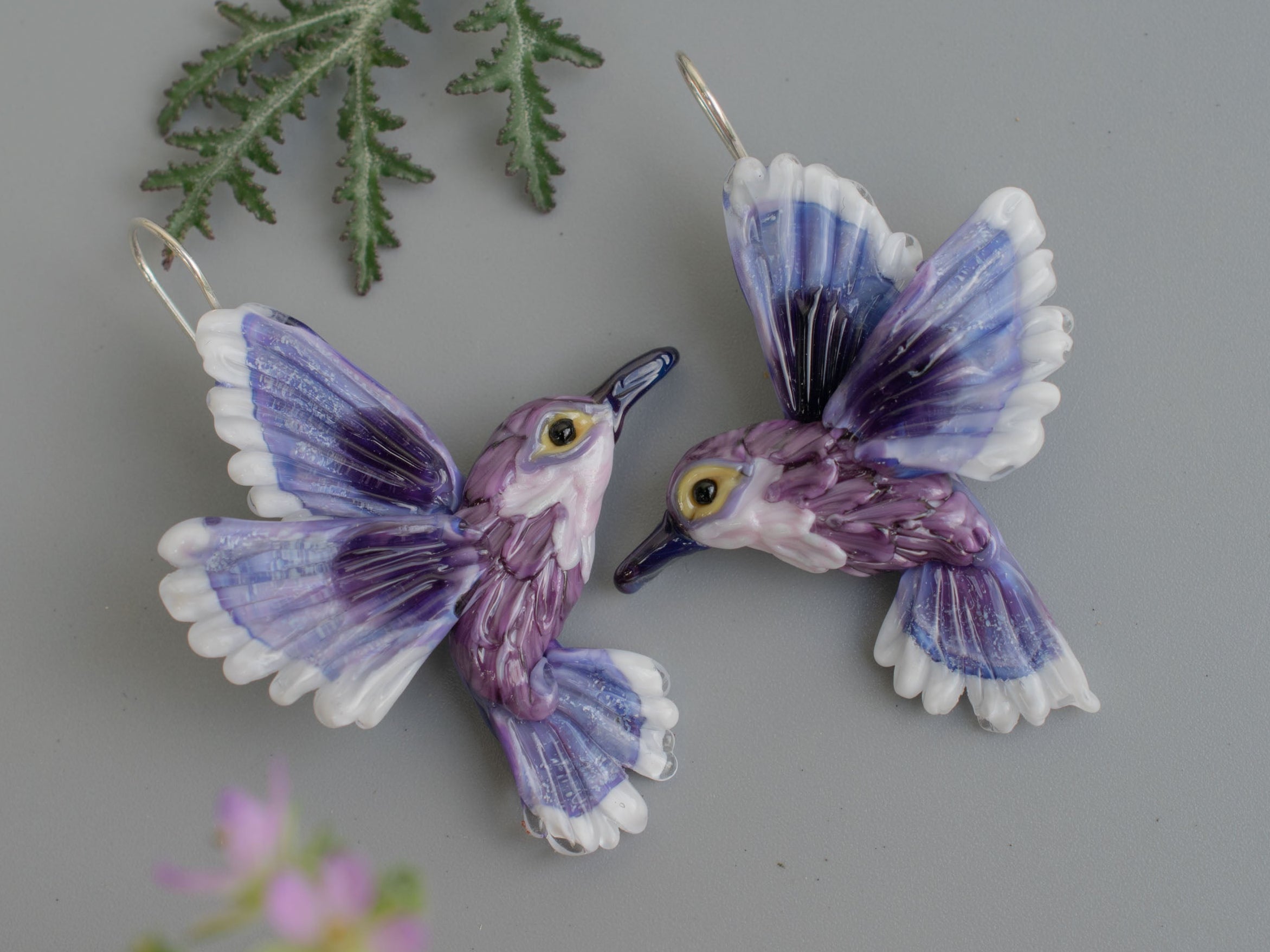 Purple hummingbird earrings