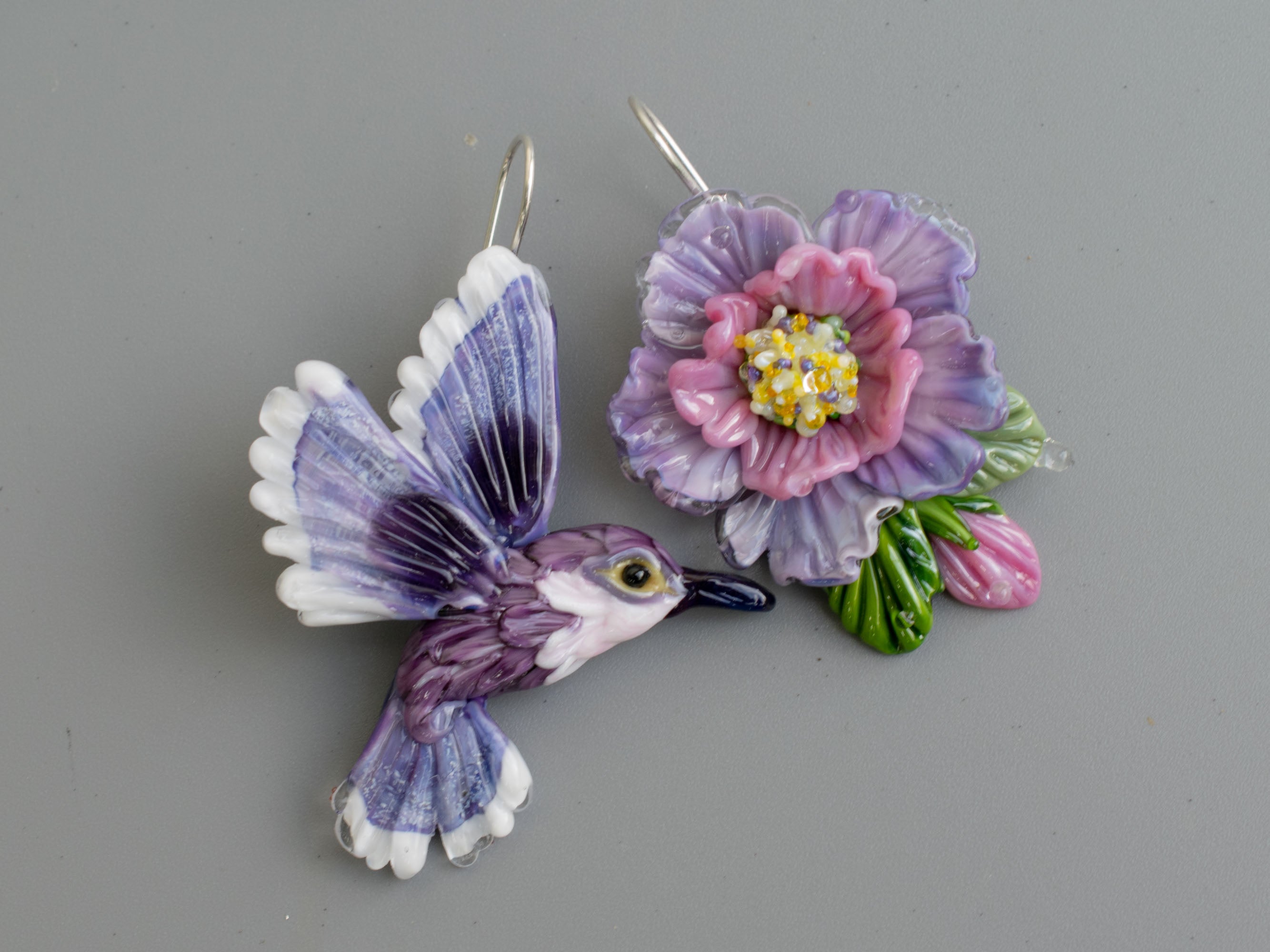 Purple hummingbird earrings
