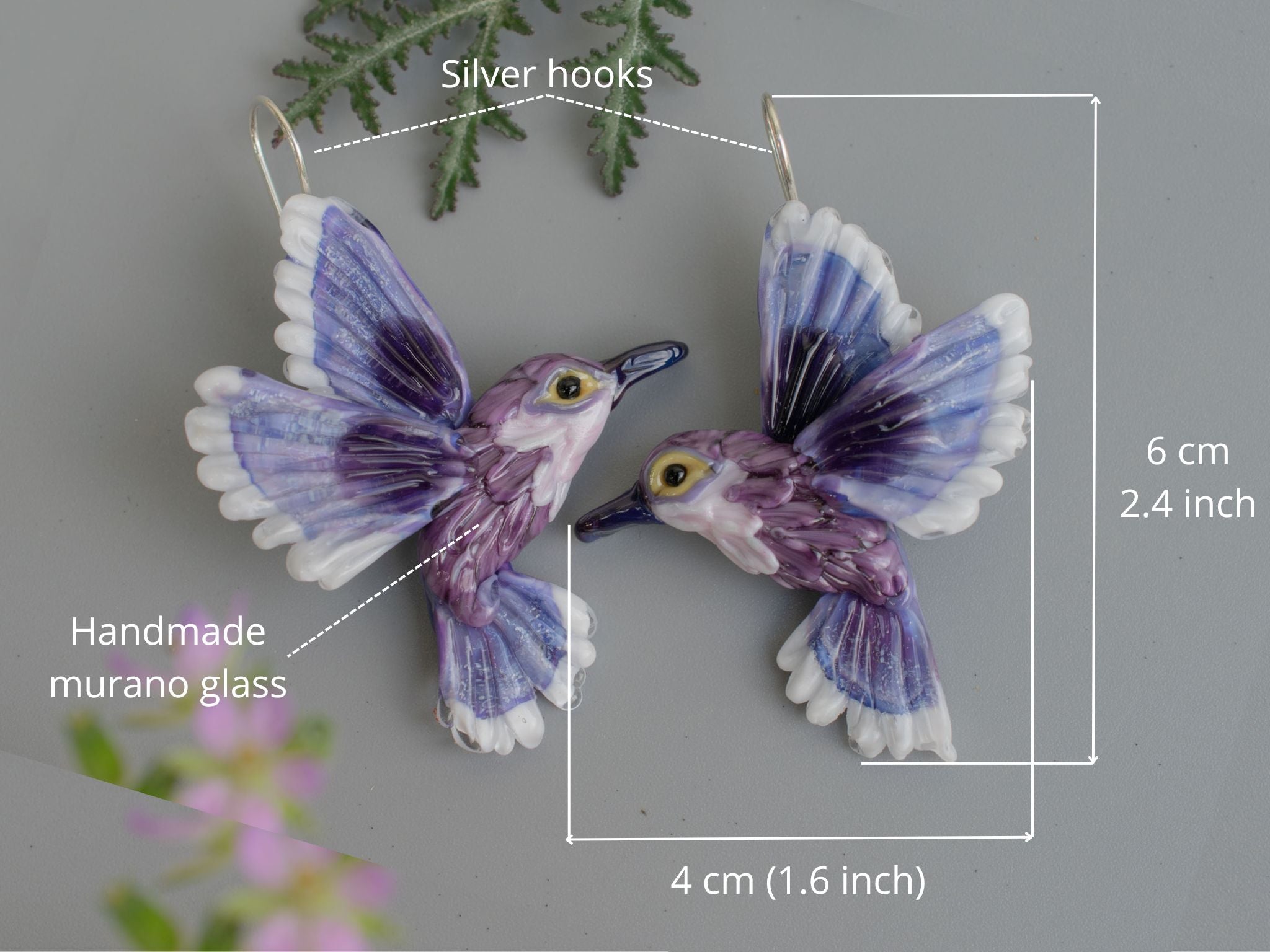 Purple hummingbird earrings