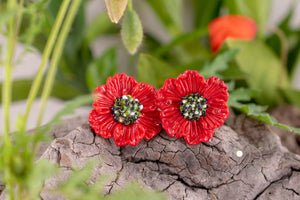 Glass red poppy earrings