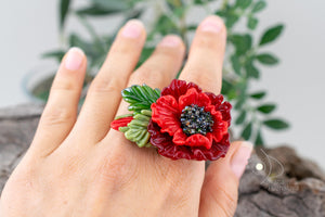 Red poppy ring ajustable size