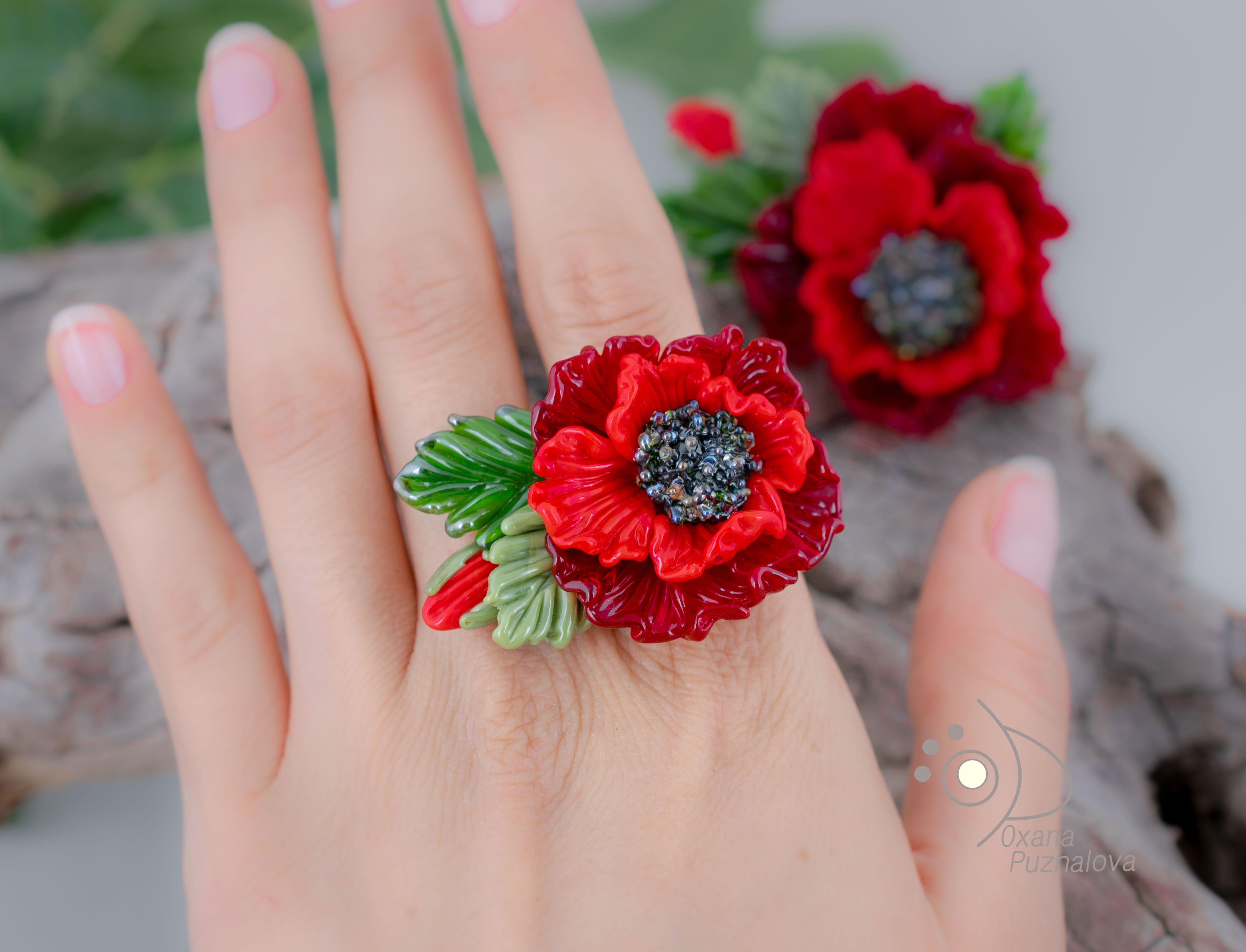 Red poppy ring ajustable size