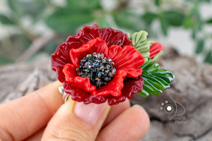 Red poppy ring ajustable size