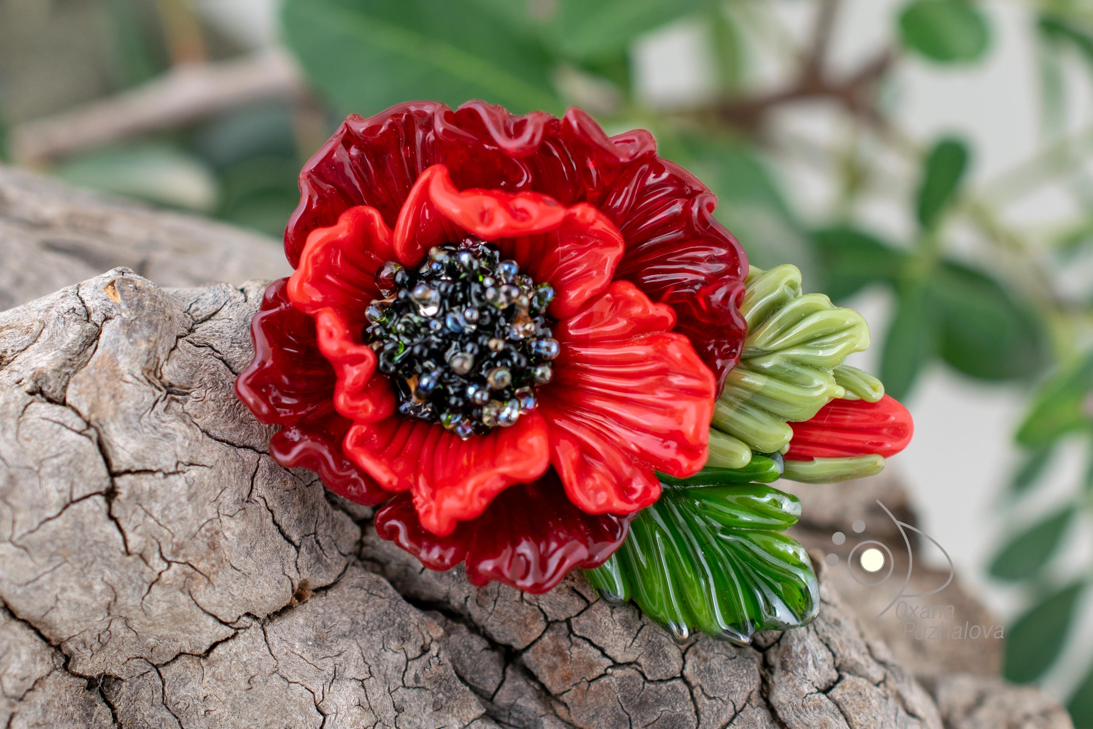 Red poppy ring ajustable size