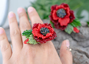 Red poppy ring ajustable size