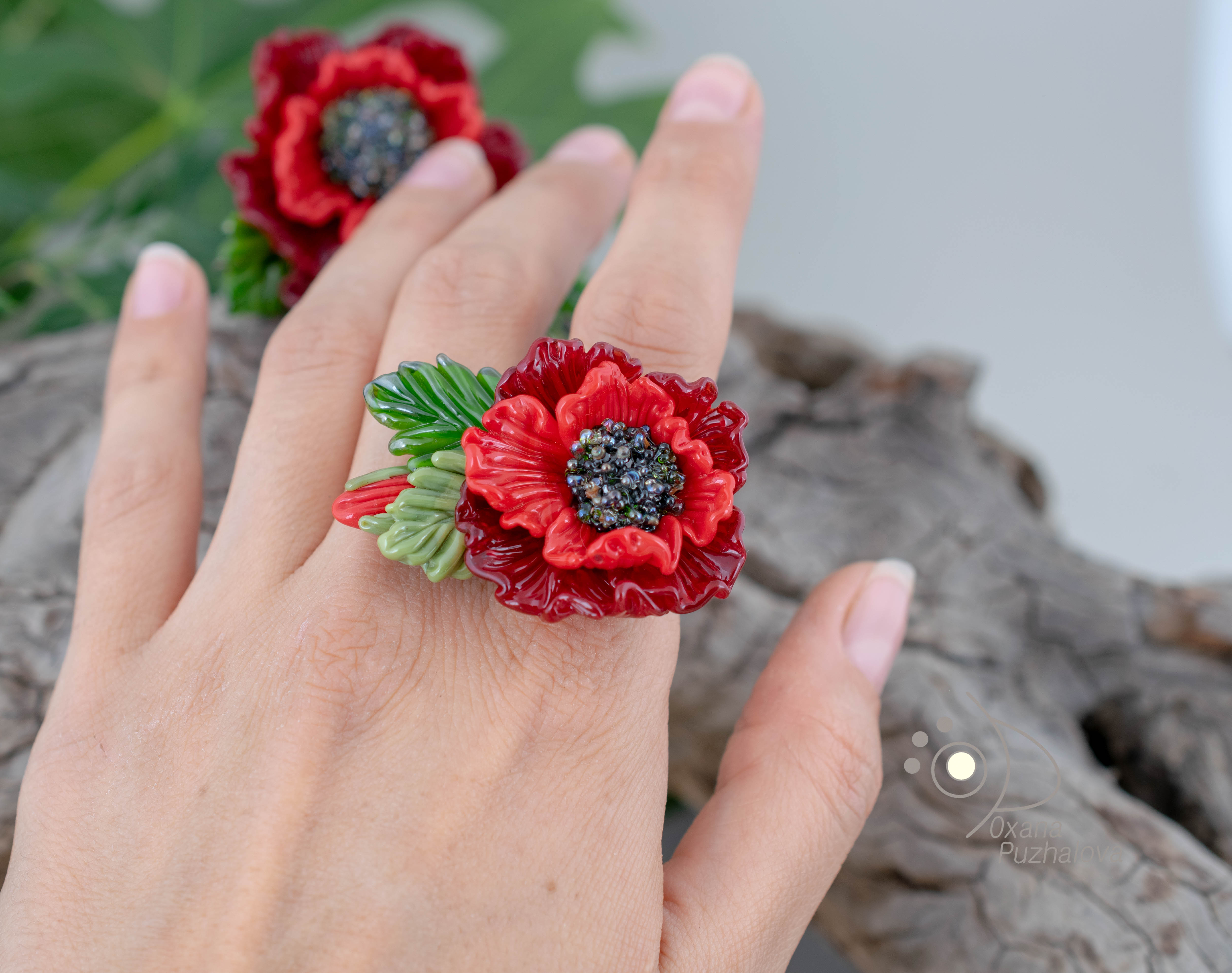 Red poppy ring ajustable size