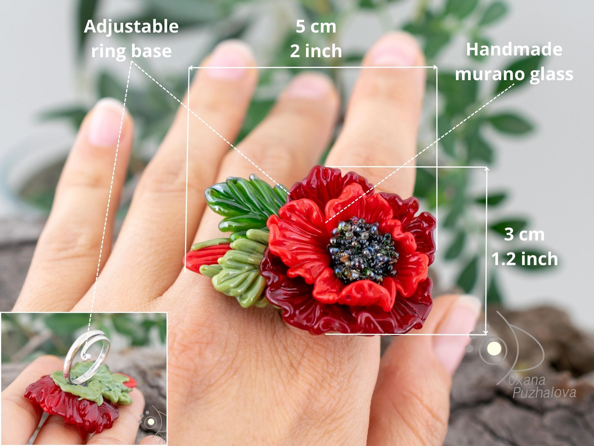 Red poppy ring ajustable size