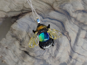 Glass bee necklace yellow blue