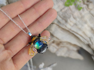 Glass bee necklace yellow blue