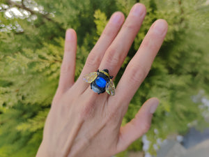 Glass Bee ring  blue ajustable size